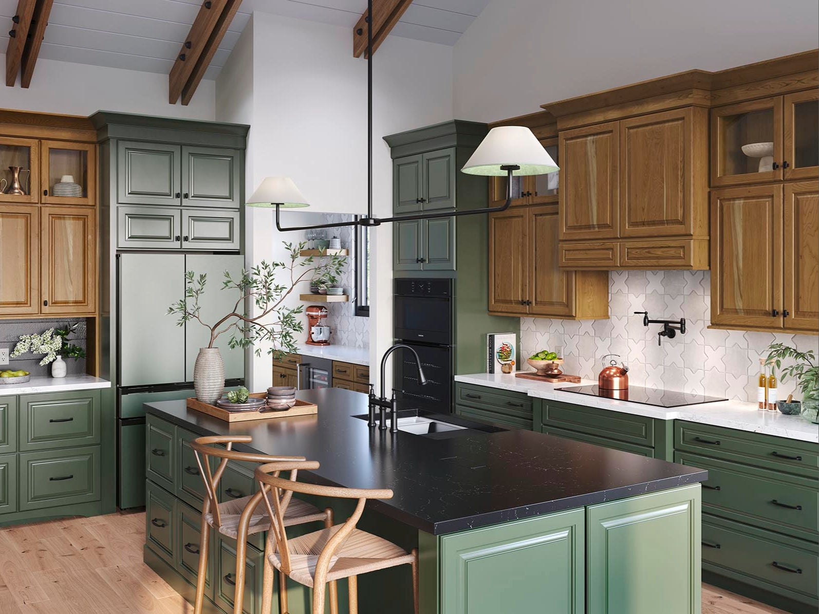 Cherry and painted kitchen cabinets with and island
