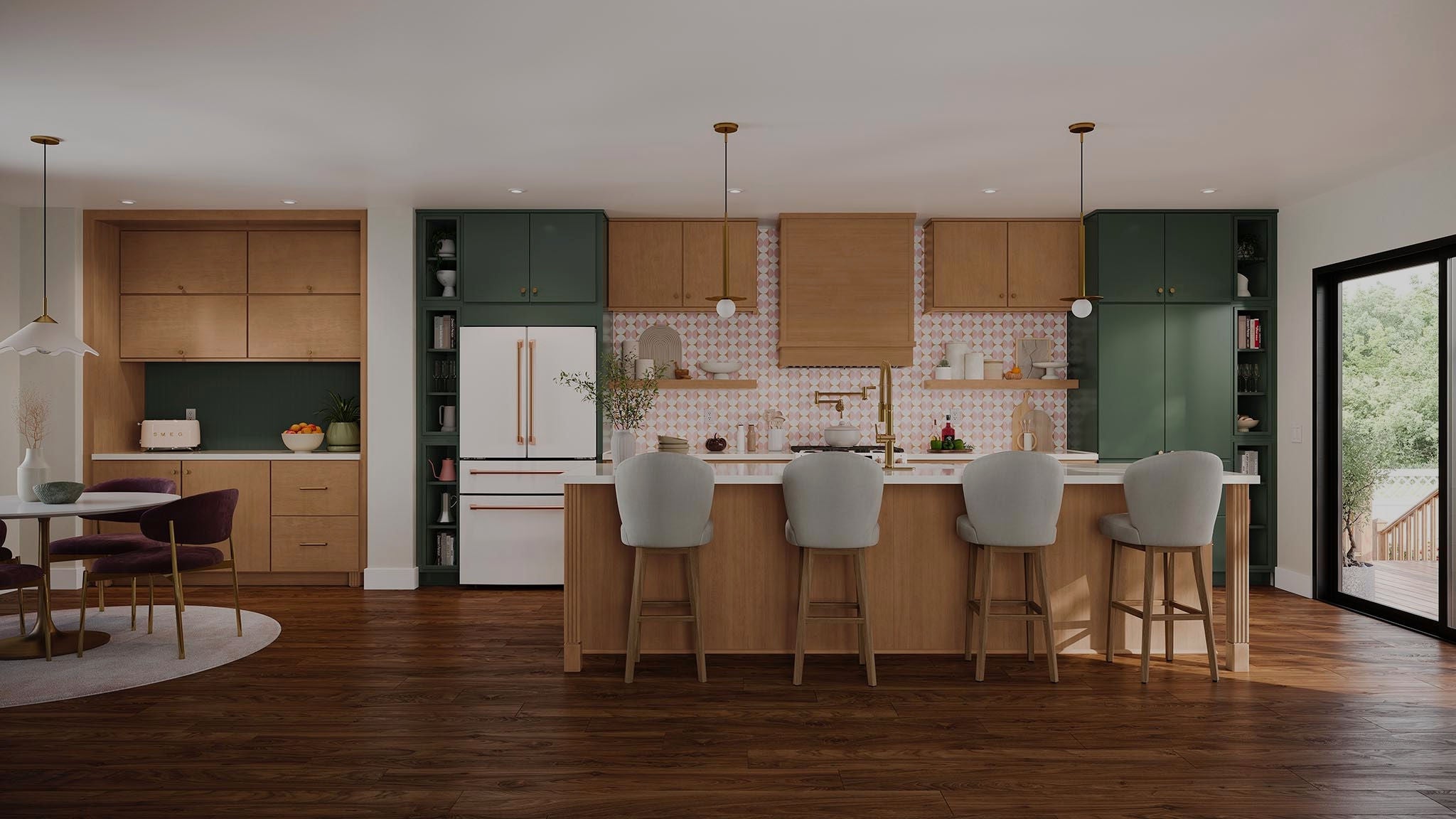 Kitchen with painted sage and maple cider cabinets