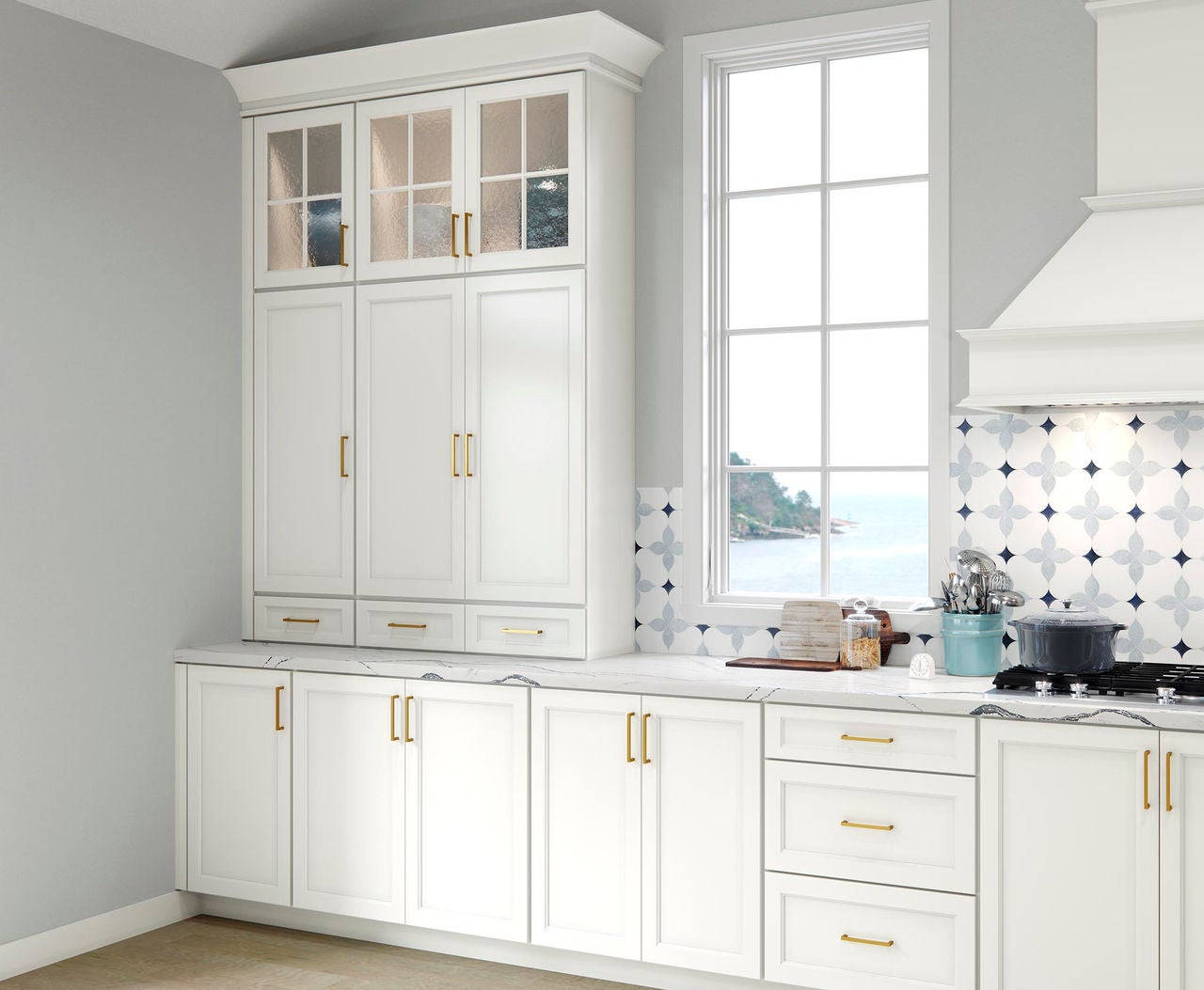 white kitchen with mullion specialty doors