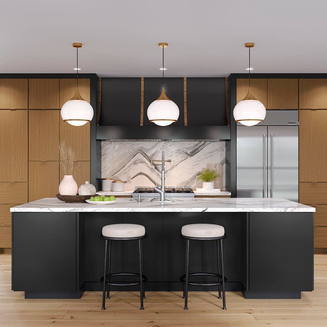 Kitchen with black and amber cabinets